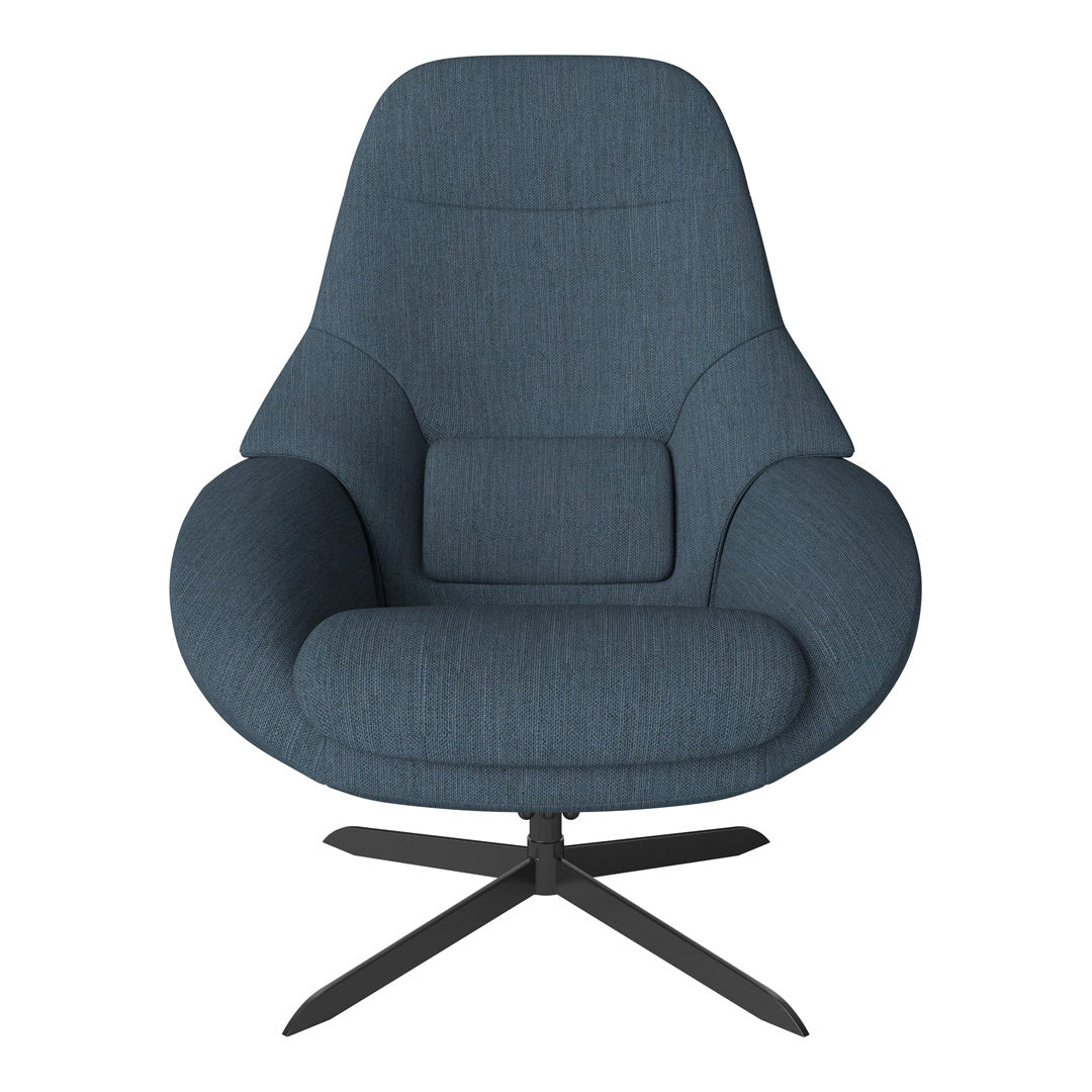 Modern blue upholstered chair with a smooth texture and sleek black metal base, featuring a contoured design.