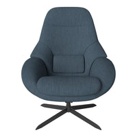 Modern blue upholstered chair with a smooth texture and sleek black metal base, featuring a contoured design.