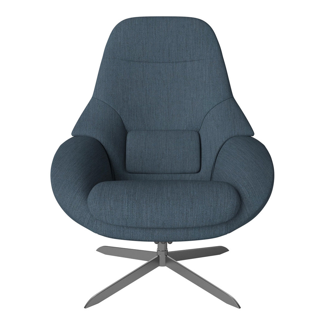 Stylish blue upholstered chair with a smooth, minimalist design and a subtle textured pattern. Perfect for modern decor.