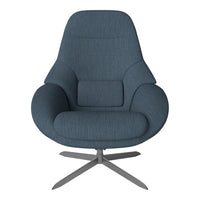 Stylish blue upholstered chair with a smooth, minimalist design and a subtle textured pattern. Perfect for modern decor.