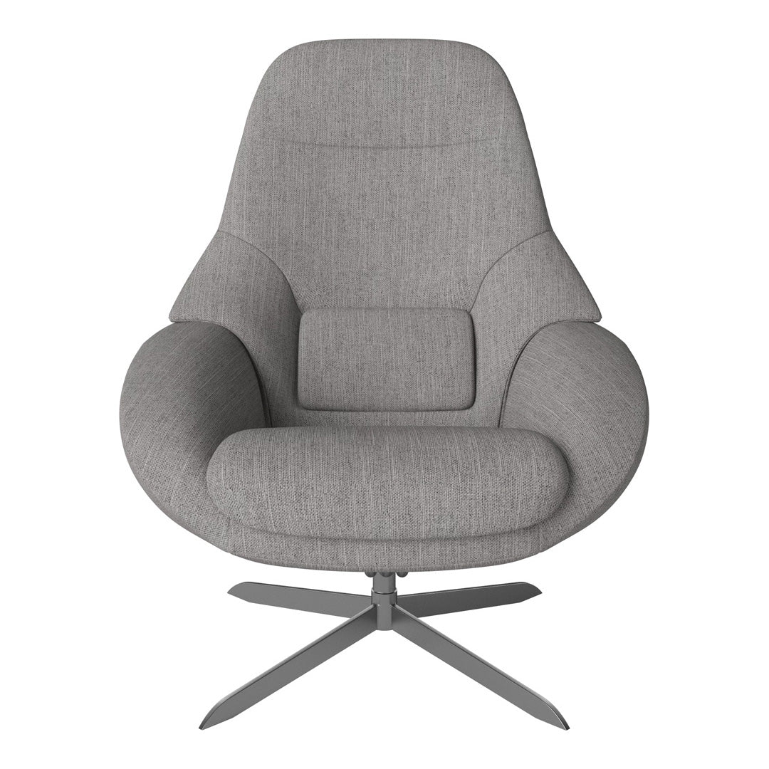 Stylish gray upholstered armchair with subtle texture and smooth contours, featuring a sleek metal base.