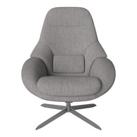 Stylish gray upholstered armchair with subtle texture and smooth contours, featuring a sleek metal base.