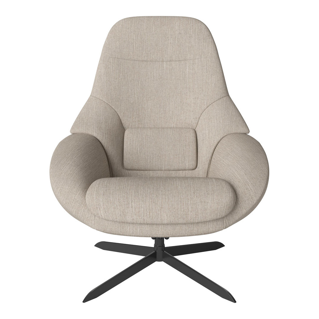 Beige fabric armchair with minimalist design, smooth contours, and a black metal base. Ideal for modern interiors.