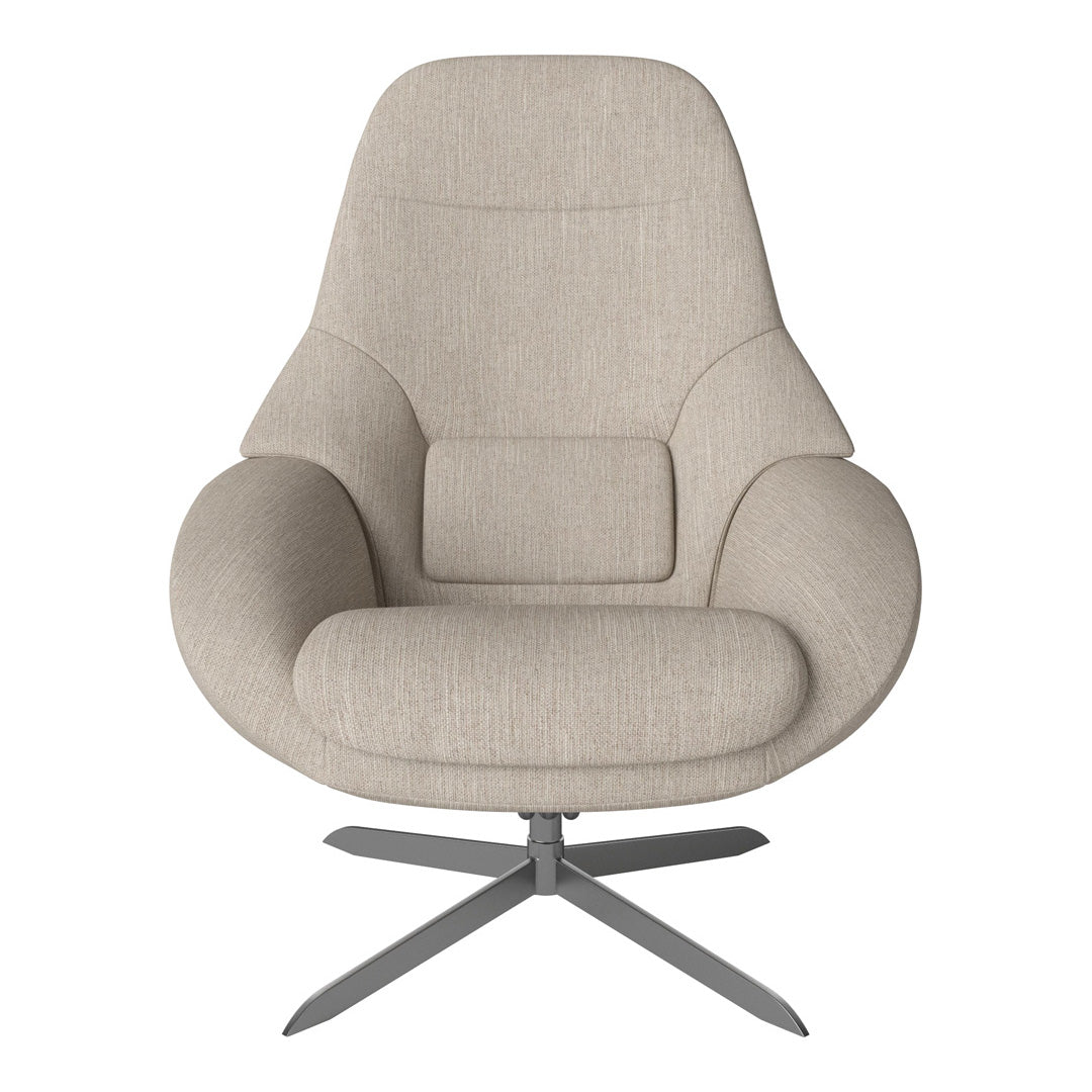 Beige upholstered chair with a modern design and smooth texture, featuring a sleek silver base.
