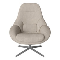Beige upholstered chair with a modern design and smooth texture, featuring a sleek silver base.