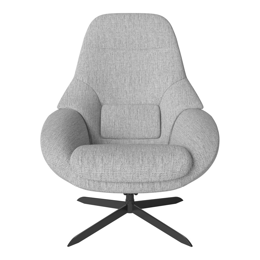 Soft gray upholstered chair with a textured pattern and sleek black metal base, ideal for modern decor.