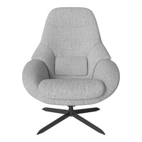 Soft gray upholstered chair with a textured pattern and sleek black metal base, ideal for modern decor.