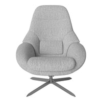Light grey upholstered chair with a smooth, textured fabric and a contemporary design, featuring a sleek metal base.