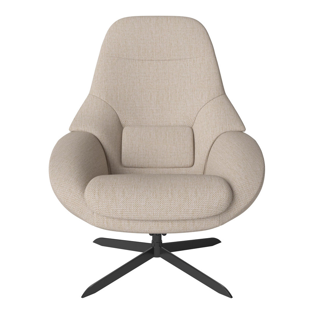 Beige upholstered lounge chair with subtle textured pattern and sleek black metal base. Ideal for modern interiors.
