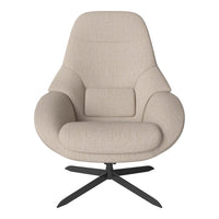 Beige upholstered lounge chair with subtle textured pattern and sleek black metal base. Ideal for modern interiors.