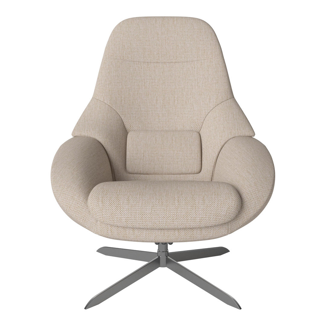 Beige upholstered chair with a textured pattern and sleek silver base for a modern touch.