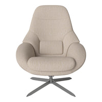 Beige upholstered chair with a textured pattern and sleek silver base for a modern touch.