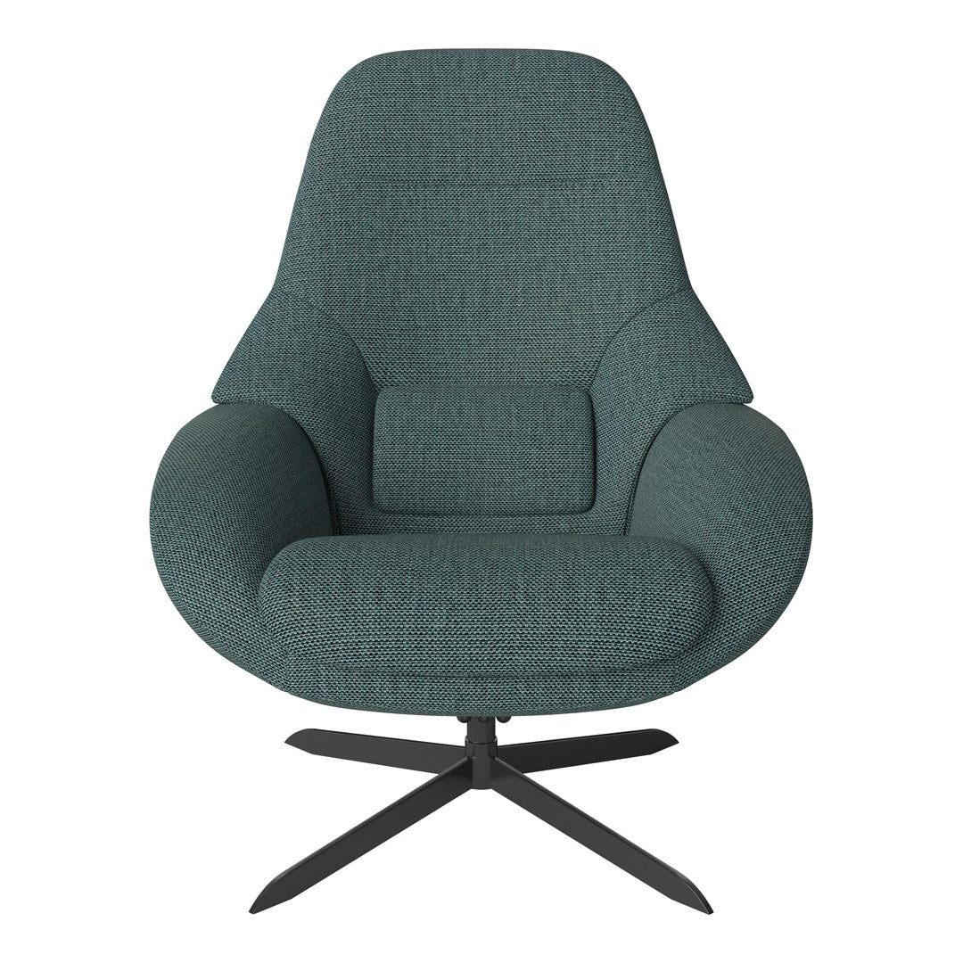 Teal upholstered chair with textured pattern, featuring a black metal base and modern design. Perfect for stylish interiors.