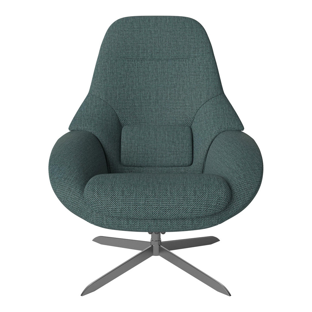Teal upholstered chair with textured fabric and a modern design, featuring a sleek metal base.