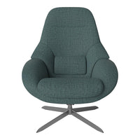 Teal upholstered chair with textured fabric and a modern design, featuring a sleek metal base.