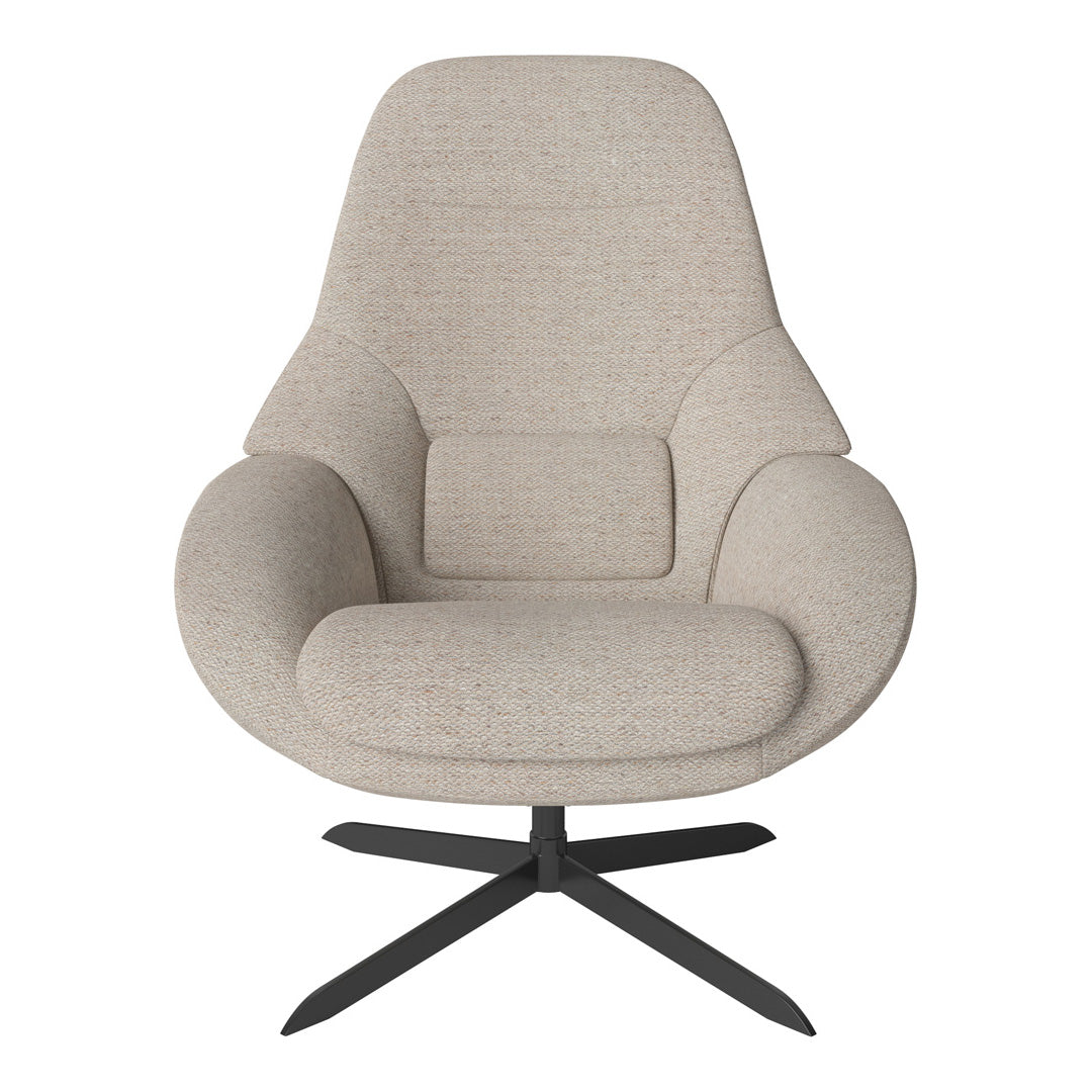 Light beige upholstered chair with smooth, contoured shape and a dark metal base, perfect for modern decor.