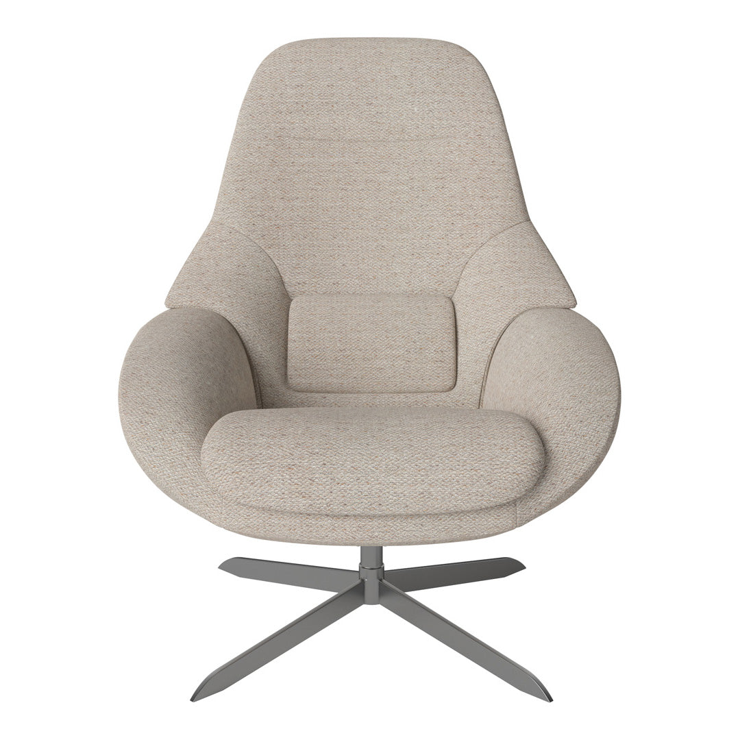 Light beige upholstered chair with smooth fabric and a modern silhouette on a sleek metallic base.