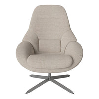 Light beige upholstered chair with smooth fabric and a modern silhouette on a sleek metallic base.