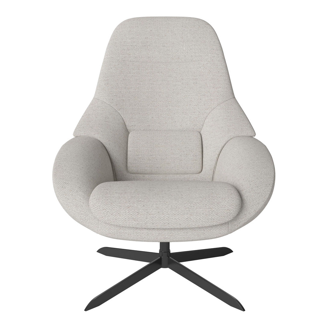 Light gray fabric armchair with a smooth, minimalist design and a black star base. Perfect for modern interiors.
