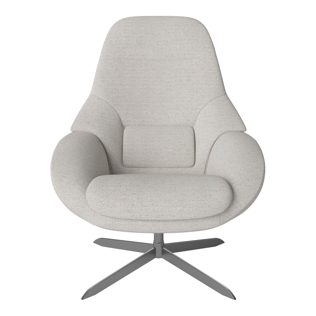 Light gray upholstered chair with a smooth, modern design and a sleek metal base.