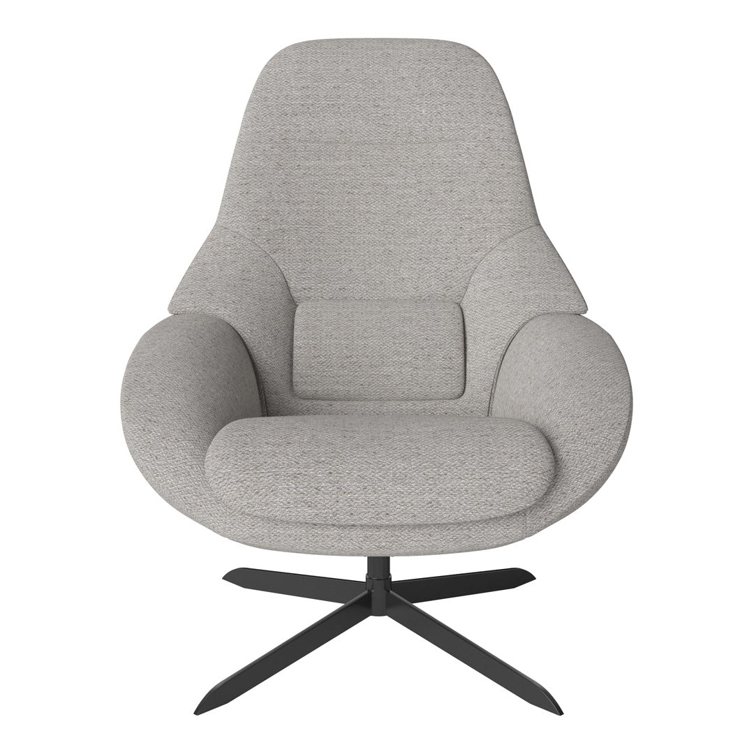Gray upholstered chair with a modern, smooth design and minimalistic fabric texture. Ideal for contemporary decor.