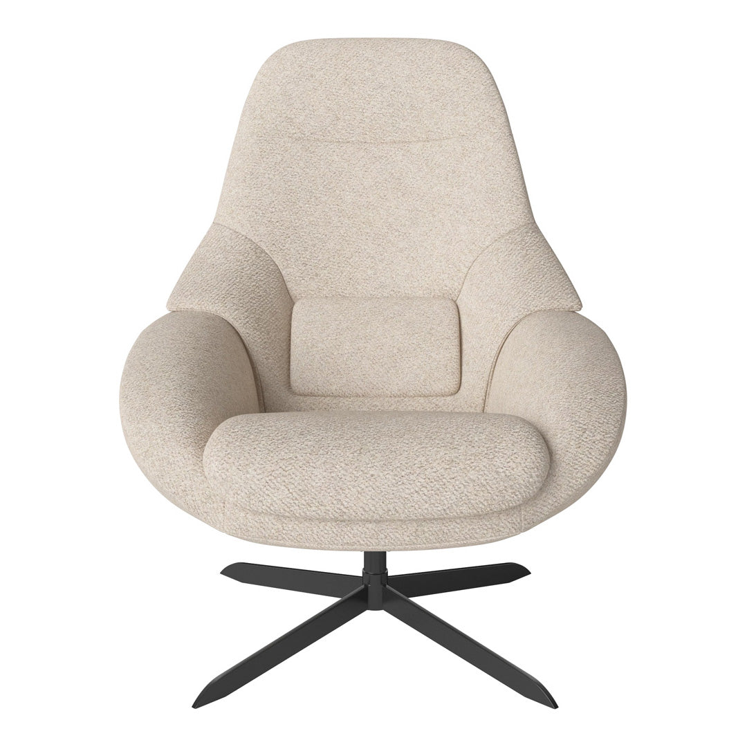 Cream-colored lounge chair with a smooth, textured fabric and minimalistic design; features a sleek black metal base.