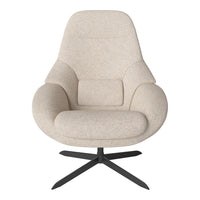 Cream-colored lounge chair with a smooth, textured fabric and minimalistic design; features a sleek black metal base.