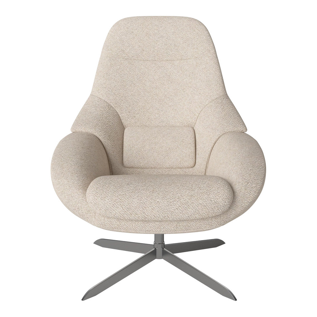 Cream-colored lounge chair with a textured fabric and smooth, modern lines. Stylish and inviting design.