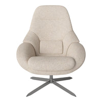 Cream-colored lounge chair with a textured fabric and smooth, modern lines. Stylish and inviting design.