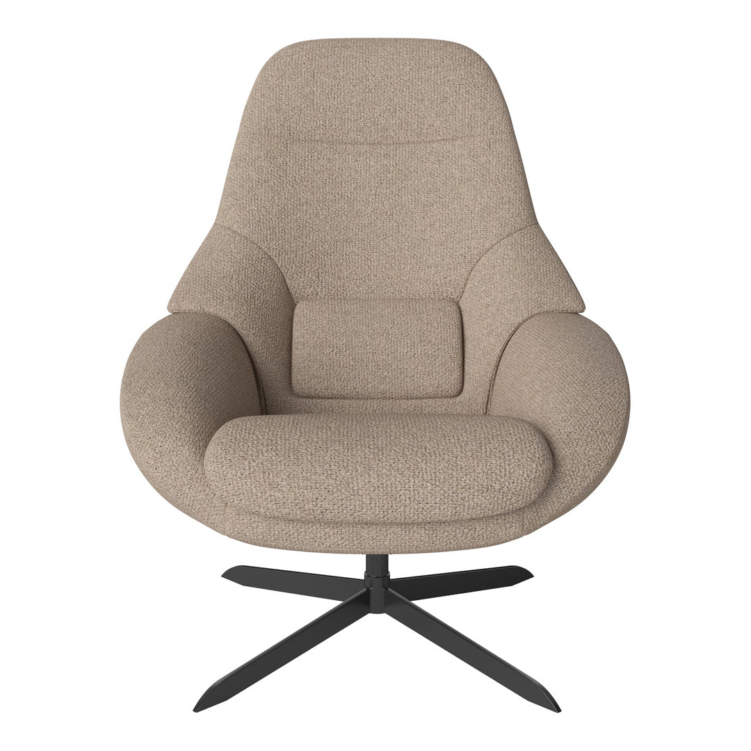Beige upholstered chair with smooth contours and black metal legs, offering a modern and minimalist aesthetic.