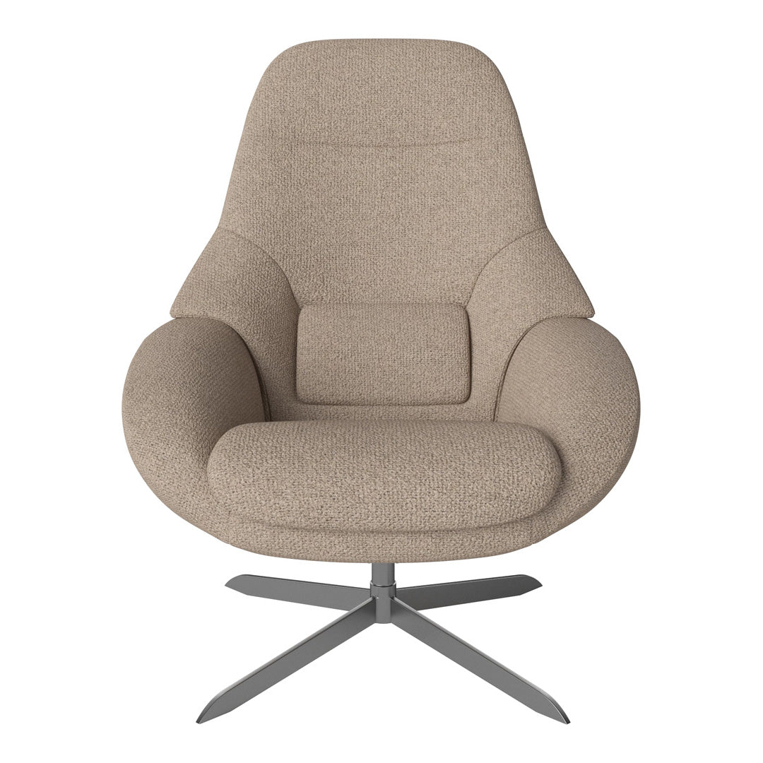 Beige modern chair with smooth, textured fabric and a sleek metal base, featuring a minimalist, contemporary design.