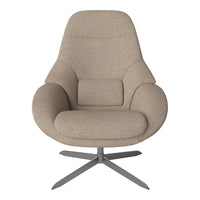 Beige modern chair with smooth, textured fabric and a sleek metal base, featuring a minimalist, contemporary design.