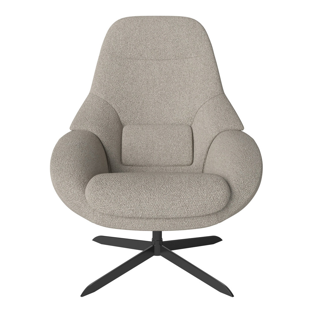Light beige swivel chair with smooth, rounded contours and a minimalist design, featuring a soft, textured fabric finish.