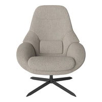 Light beige swivel chair with smooth, rounded contours and a minimalist design, featuring a soft, textured fabric finish.
