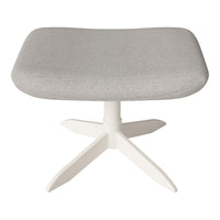 Light gray upholstered ottoman with a smooth, minimalist design and a sturdy white base.