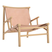 Light pink and natural wood lounge chair with minimalist design, perfect for modern decor.