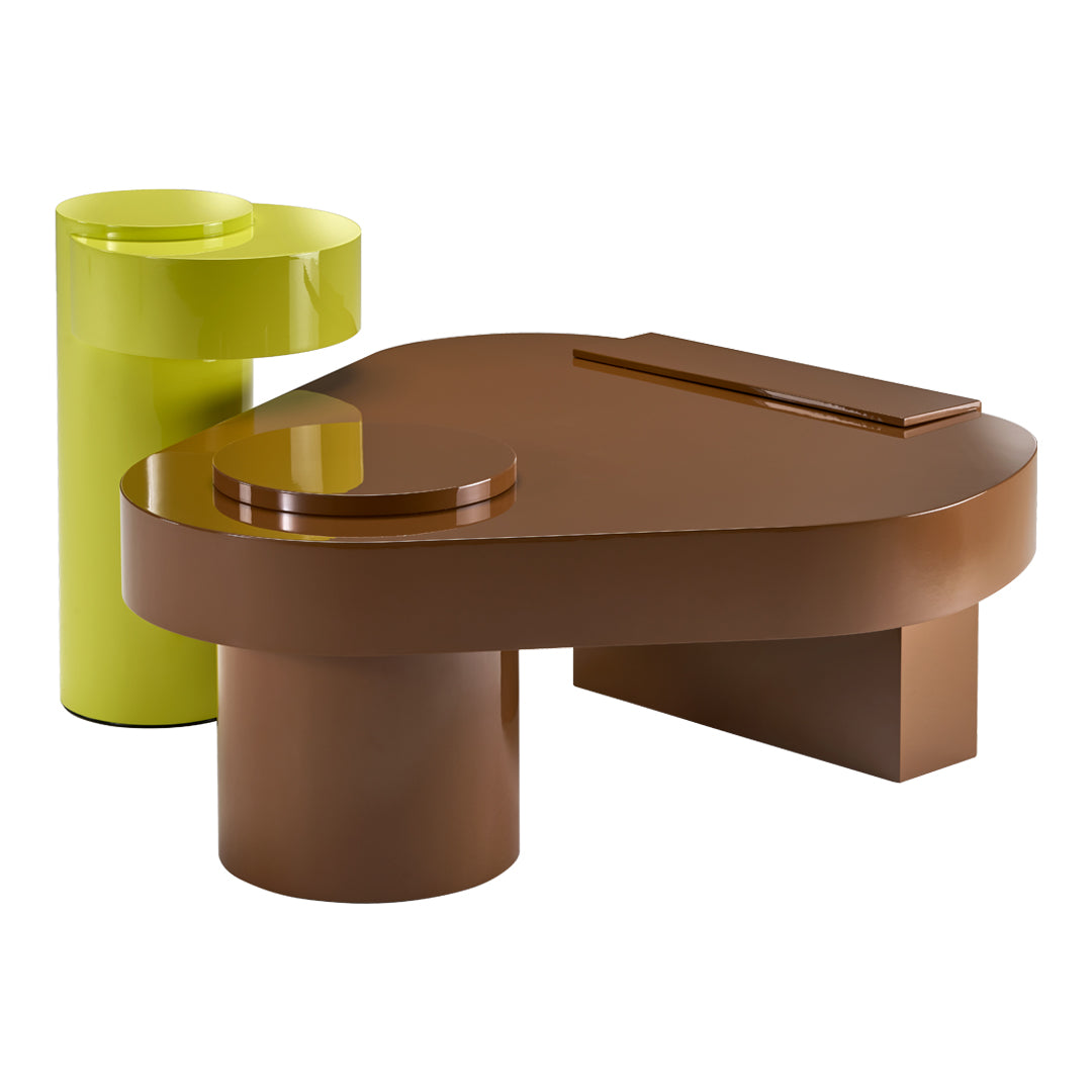 Modern furniture set featuring glossy brown and vibrant green colors with sleek, contemporary shapes.