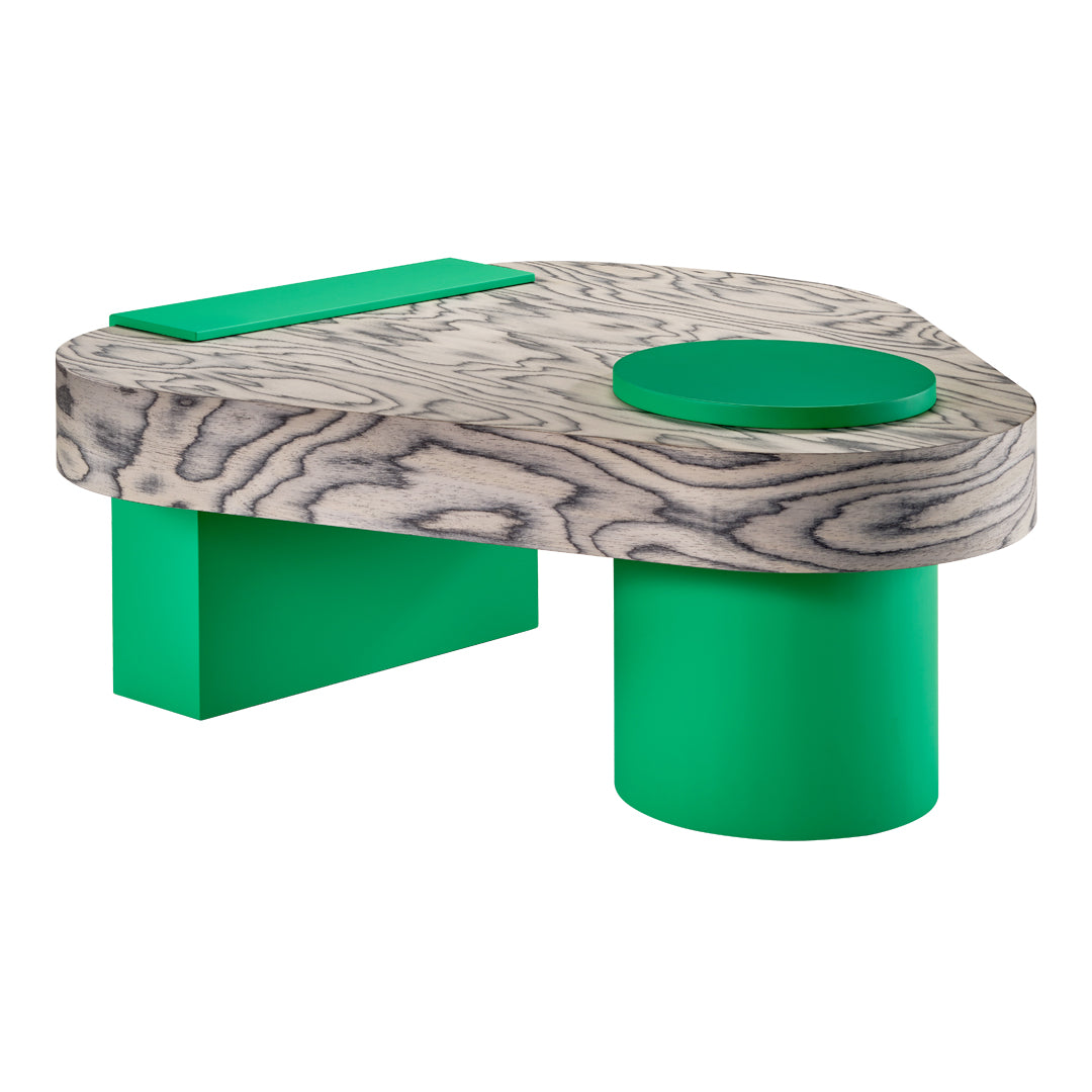 Abstract coffee table featuring gray wood grain pattern with bold green geometric accents. Modern design for stylish decor.