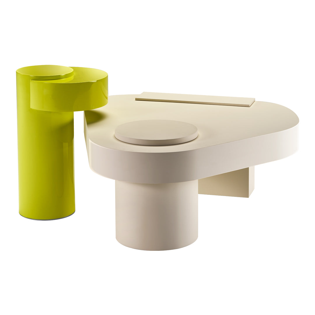 Modern table design featuring a vibrant lime green and soft white color palette with smooth, geometric shapes.