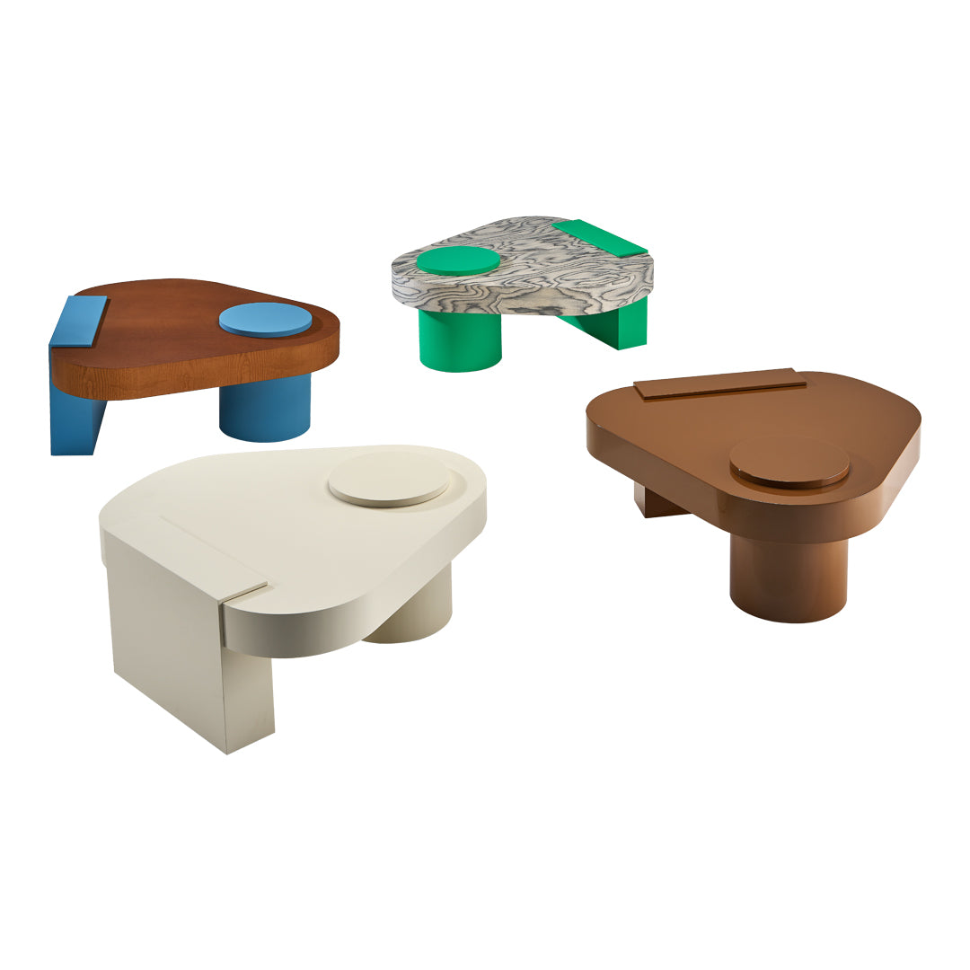 Colorful geometric accent tables in brown, green, blue, white, and a textured gray pattern. Unique modern design.