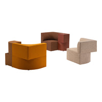 Colorful modern chairs in warm shades of orange, brown, and beige with unique geometric patterns.