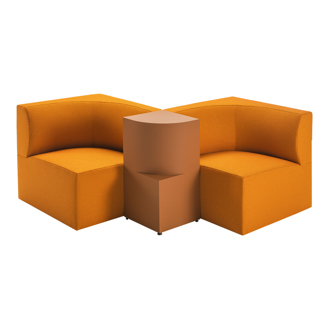 Vibrant orange modular sofa with smooth, modern lines and a geometric brown accent table. Perfect for contemporary spaces.