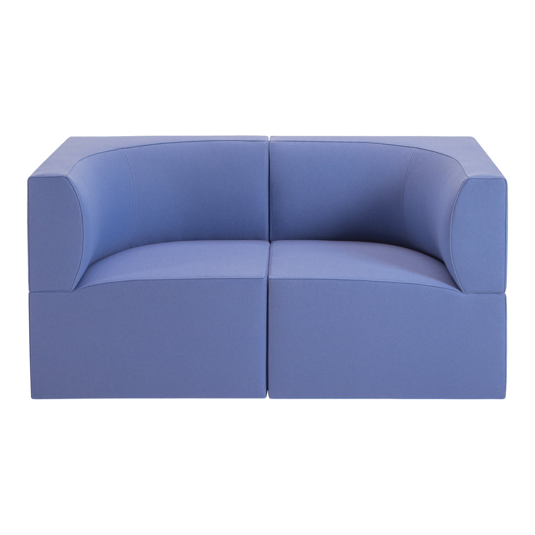 Curved two-seater sofa in soft pastel blue with smooth, minimalist design. Perfect for modern decor.