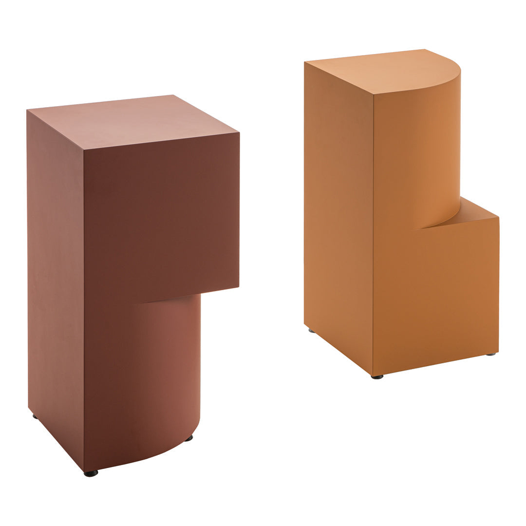 Set of two modern accent tables in warm terracotta and burnt orange hues, featuring sleek geometric shapes.