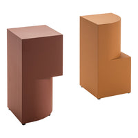 Set of two modern accent tables in warm terracotta and burnt orange hues, featuring sleek geometric shapes.