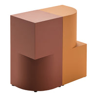 Modern geometric accent table in warm hues of terracotta and orange with smooth surfaces and minimalistic design.