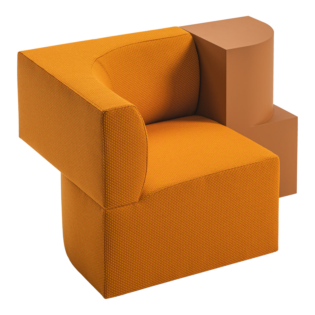 Modern orange and brown chair with a geometric design and textured fabric, perfect for contemporary interiors.