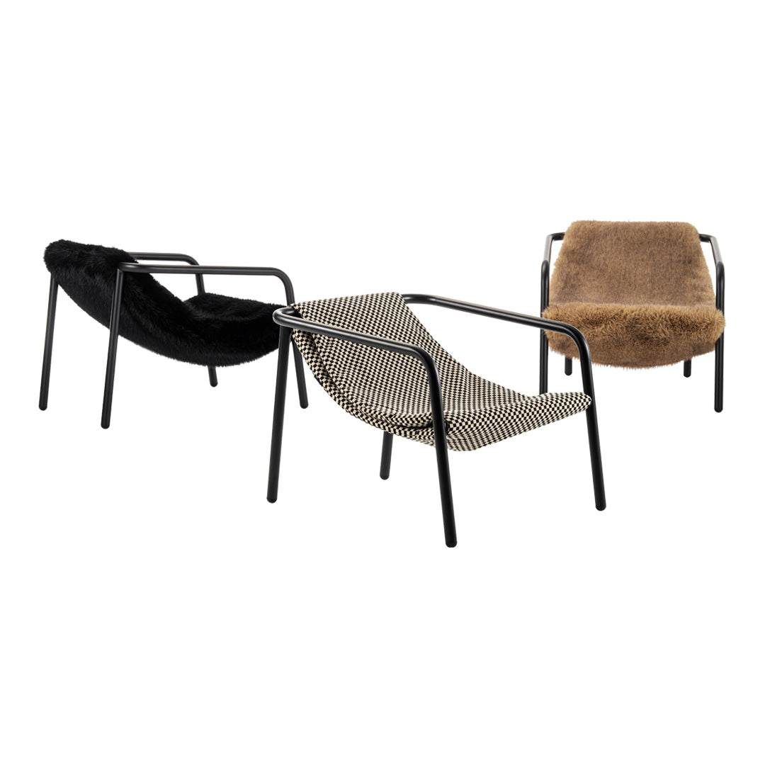 Set of three modern chairs featuring black, beige, and brown colors with unique patterns and textures.