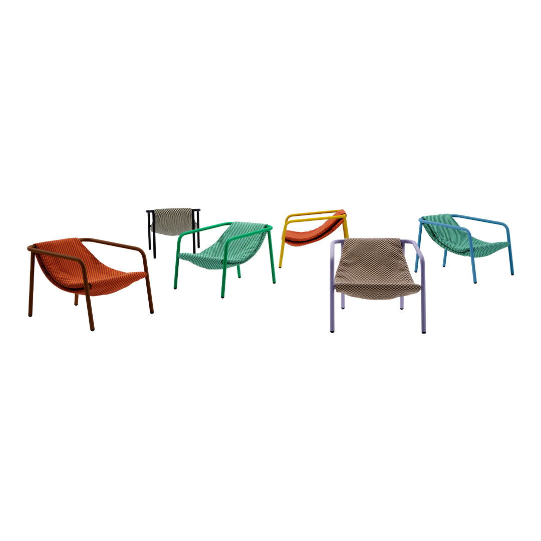 Colorful patio chairs in orange, green, brown, purple, and gray with unique patterns and modern designs.
