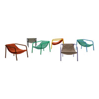 Colorful patio chairs in orange, green, brown, purple, and gray with unique patterns and modern designs.